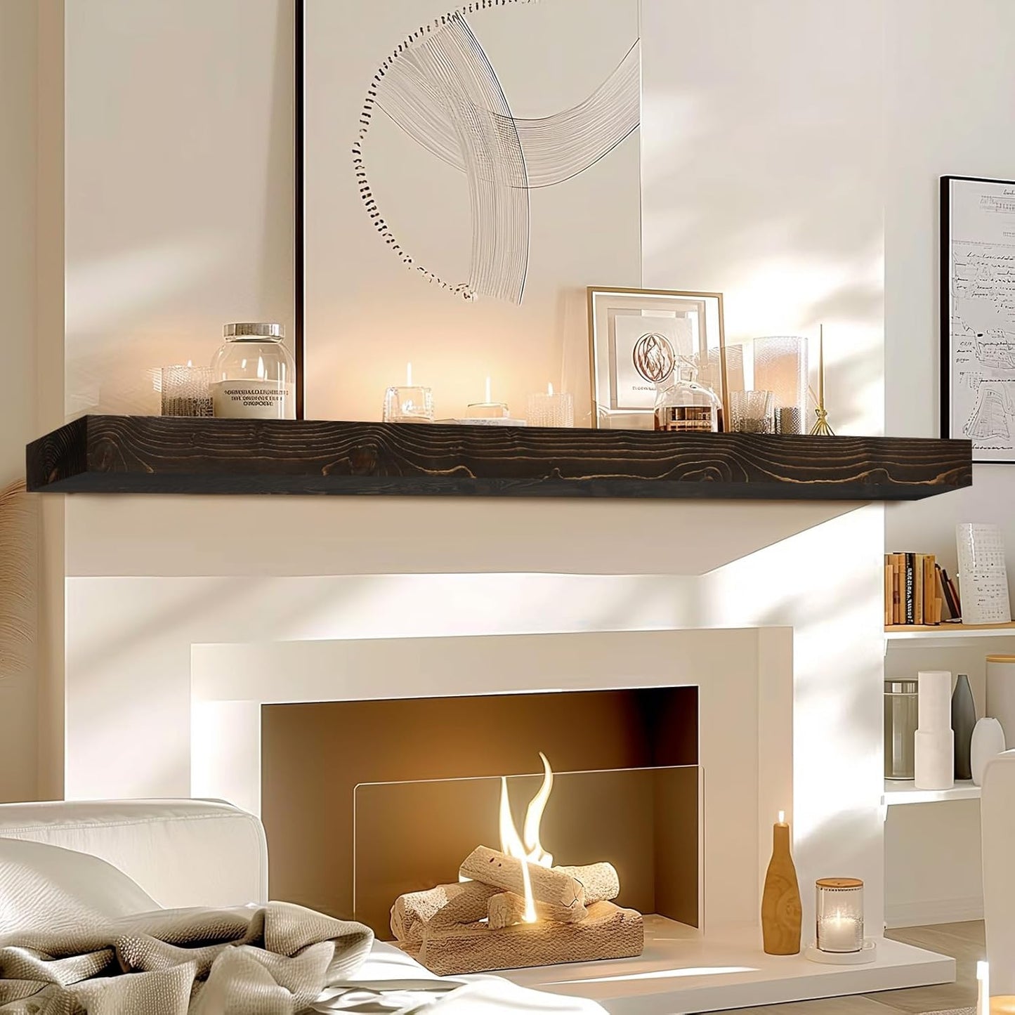 60x8x3 Fireplace Mantel - Solid Rustic Wood - Wall Mounted Floating Shelf with Invisible Heavy Duty Steel Bracket (Weathered Black)