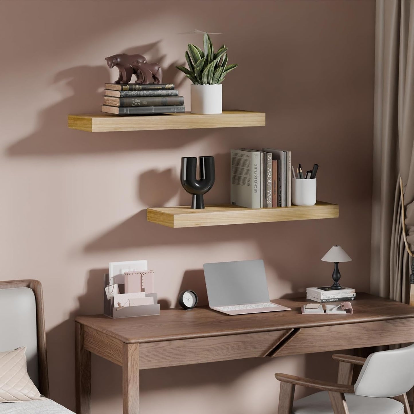 IAE Floating Wall Shelves 16 inch,Bathroom Shelves Wall Mounted,Invisible Shelves Floating Kitchen Shelves,Wooden Wall Shelves with Brackets for Living Room Wall Mounted,Easy Install,Set of 2,Natural