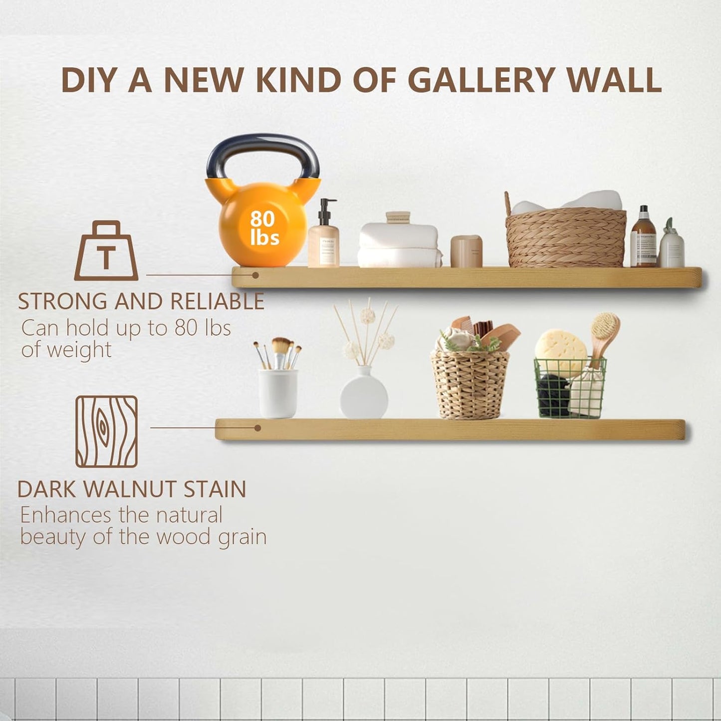 Solid Wood Floating Shelves Set of 2 - Natural, Warp & Crack Resistant 23.62 Inch Wall Shelf with Invisible Brackets Thicker, More Durable for Bathroom, Bedroom, Kitchen, Living Room (Wood, 23.62)