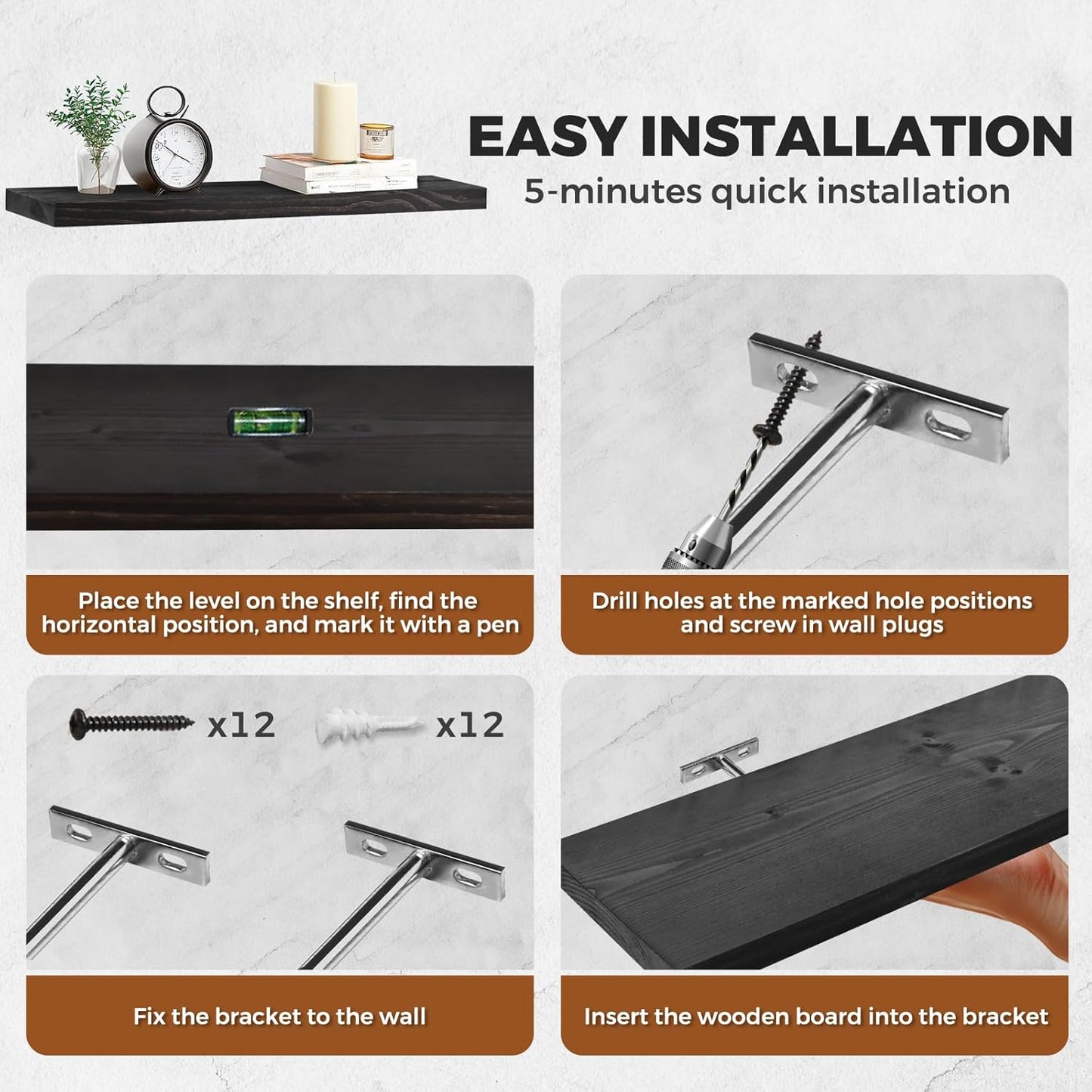 Floating Wall Shelves 2-Pack - 24-Inch Rustic Black Wooden Shelves for Storage and Décor, Easy Installation for Living Room, Bedroom, and Kitchen