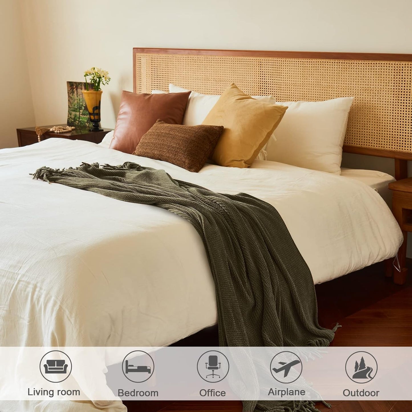 lifein Throw Blanket for Couch, Soft Green Boho Decor Bed Throw,Cozy Knitted Chenille Farmhouse Lightweight Throw for Spring(Olive Green,60 * 80")