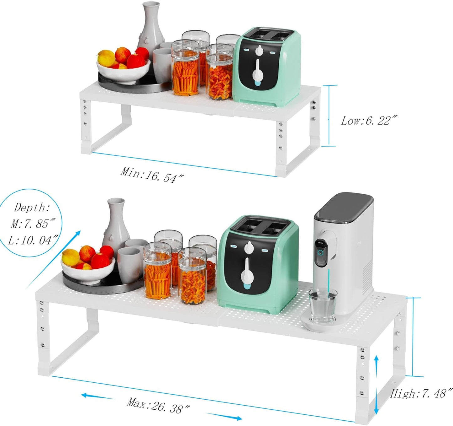 Expandable Spice Rack Kitchen Cabinet Shelf Organizer, Stackable Storage Shelves Racks, Adjustable Counter Shelving for Cabinets, Countertop, Cupboard,Pantry and More(1Pack/White/Large)