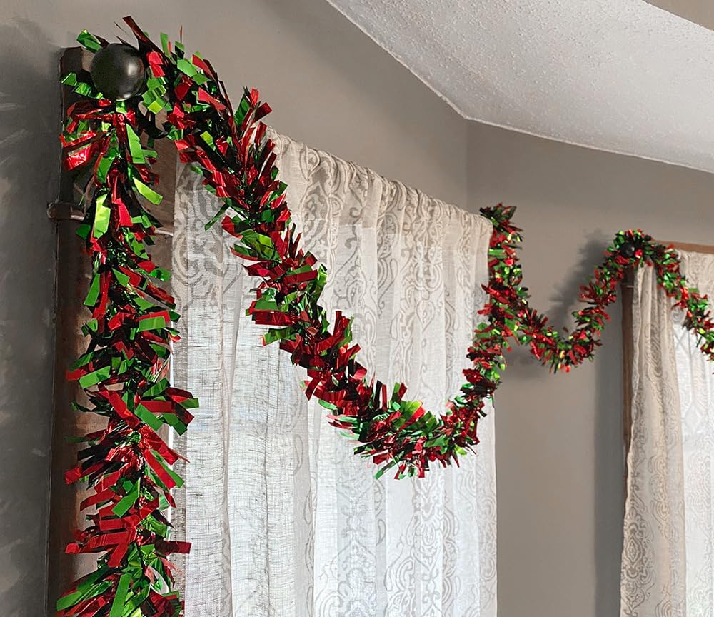 Anderson's Red & Green Metallic Tinsel Twist for Trailer Or Golf Cart, 4 inches Wide x 25 ft Long, Christmas, Birthday, New Year's Eve, Graduation and Holiday Garland Decor for Parties and Parades