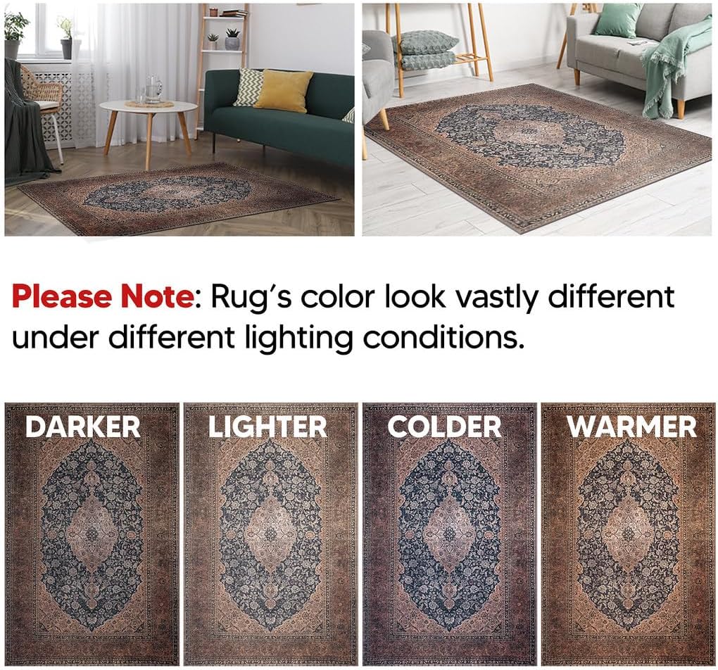 Keen Home Design 5x7 Rug - Machine Washable Area Rug with Non-Slip Backing, Ideal for Living Room, Dining Room, Bedroom - Vintage, Easy Clean, Durable, Low Pile Rug - (5' x 7')