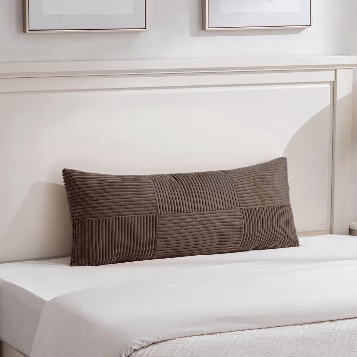 Fancy Homi Set of 2 Dark Brown Boho Long Lumbar Body Decorative Throw Pillow Cover 14x36 Inch for Bed Couch Bedroom Bench, Soft Patchwork Corduroy Textured Pillow Case, Rustic Farmhouse Room Décor