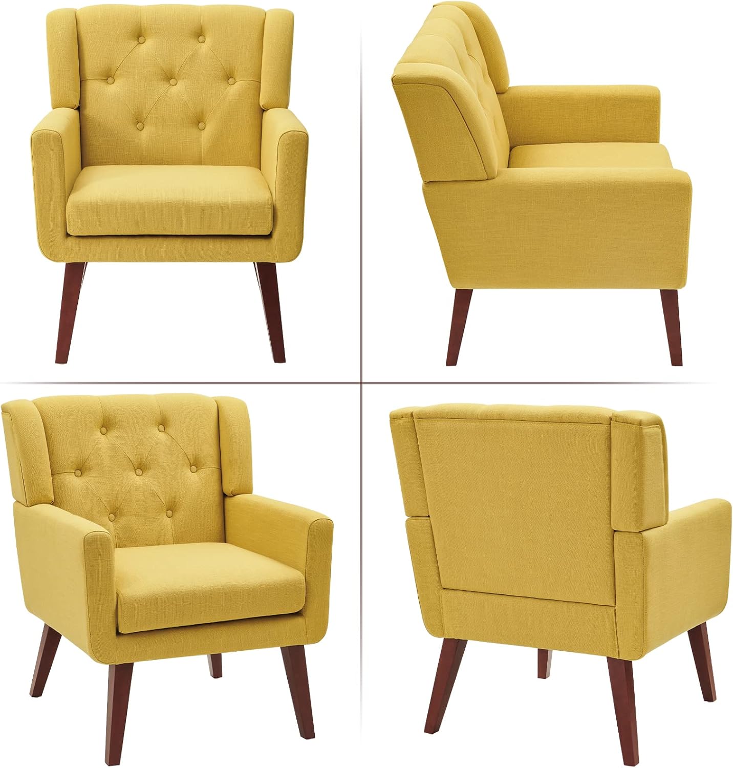 Accent Chair Button-Tufted Upholstered Living Room Chairs Comfy Reading Chair Mid Century Modern Chair with Linen Fabric Lounge Arm Chairs for Living Room Bedroom (Yellow Set of 2)