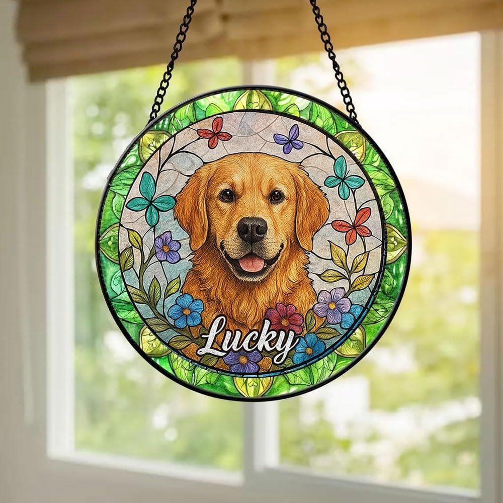 Custom Dog Suncatcher with Pet Name, Personalized Stained Glass Window Hanging Art, Unique Memorial Gift for Dog Lovers, Pet Remembrance Keepsake, Decorative Home Window Ornament