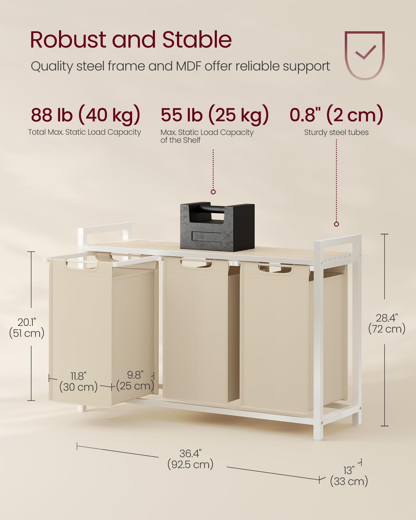 VASAGLE Laundry Hamper, Laundry Basket Sorter with 3 Pull-Out and Removable Bags, Shelf, Metal