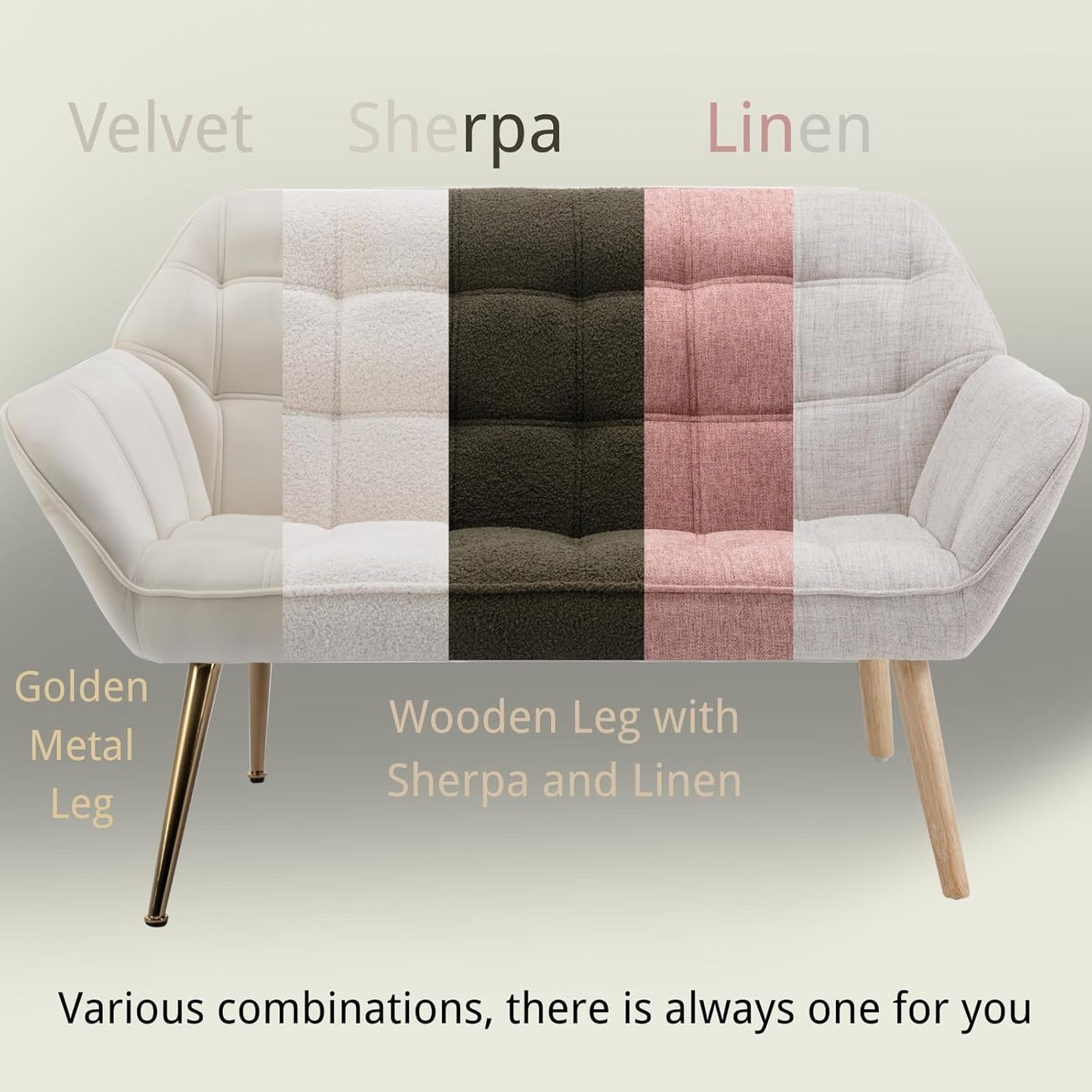 48”Small Loveseat Sofa, Modern Sherpa Upholstered Mini Couch 2-Seater Fluffy Love Seat with Quilting Backs and Wood Legs for Small Space, Living Room, Bedroom, Green