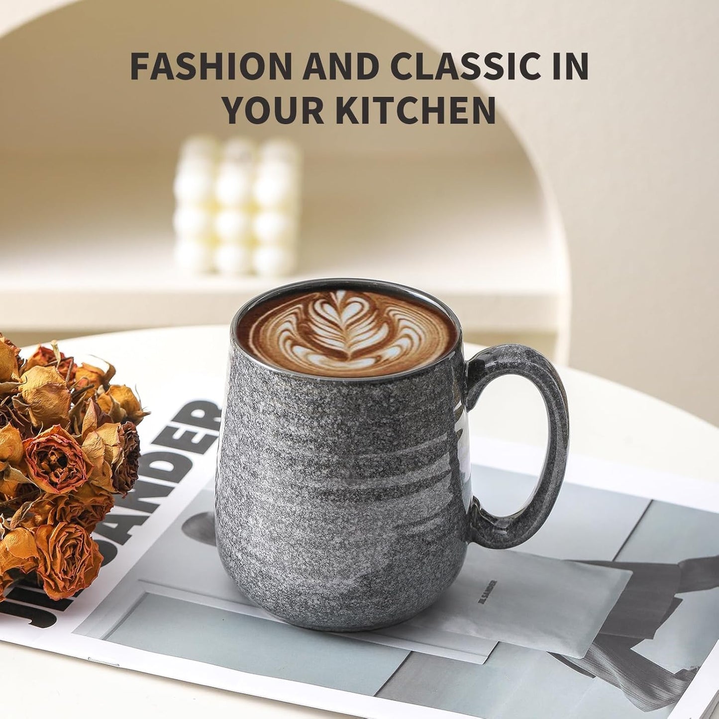 Hasense Ceramic Coffee Mugs Set of 6, Large Coffee Cups 12 oz, Latte Mug with Large Handle for Coffee, Tea, Milk and Hot Cocoa, Easy Hold & Clean, Dishwasher & Microwave Safe, Grey