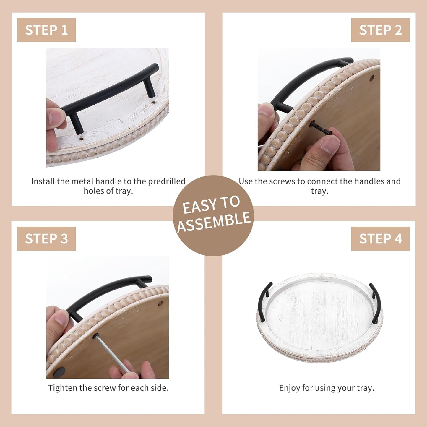 SwallowLiving 18Inch White Wooden Beaded Serving Tray with Handle Decorative Rustic Whitewashed Tray for Coffee Table Farmhouse Round Tray for Kitchen, Living Room and Bedroom