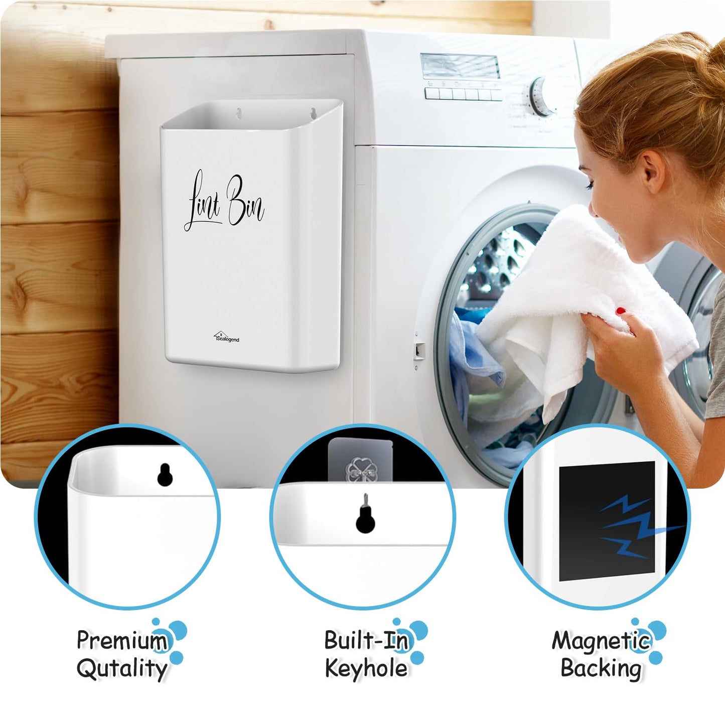 Sealegend Magnetic Lint Bin for Laundry Room with Dryer Lint Brush, Wall Mounted Trash Can Space-Saving Laundry Organization and Storage, White