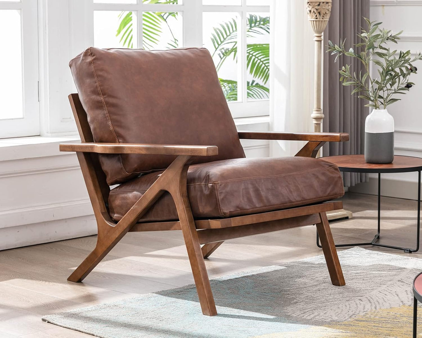 HNY Mid Century Arm Chairs Set of 2, Retro Accent Armchair with Wood Frames & Faux Leather Upholstered Removable Cushions, Leisure Reading Chair Slipper Chair for Living Room Bedroom, Brown