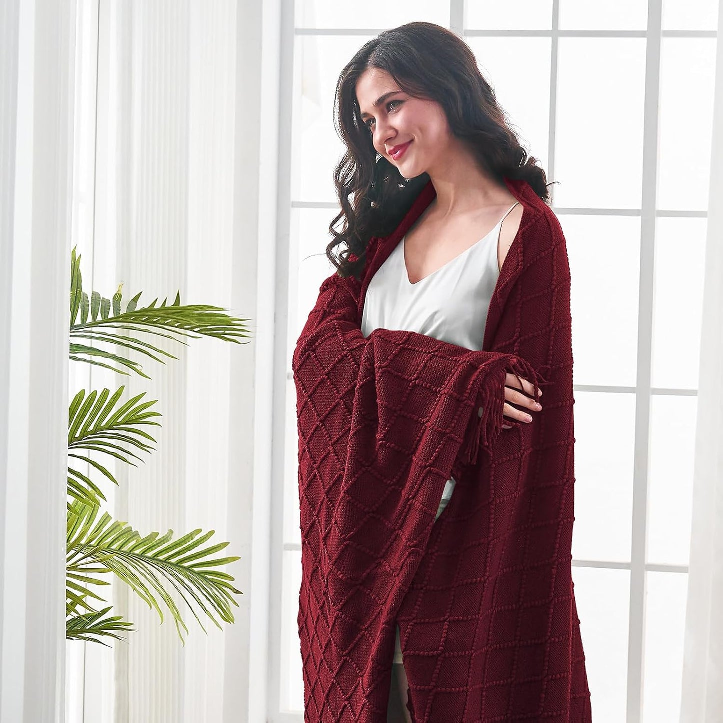 inhand Knitted Throw Blankets for Couch and Bed, Soft Cozy Knit Blanket with Tassel, Claret Lightweight Decorative Blankets and Throws, Farmhouse Warm Woven Blanket for Men and Women, 50"x60"