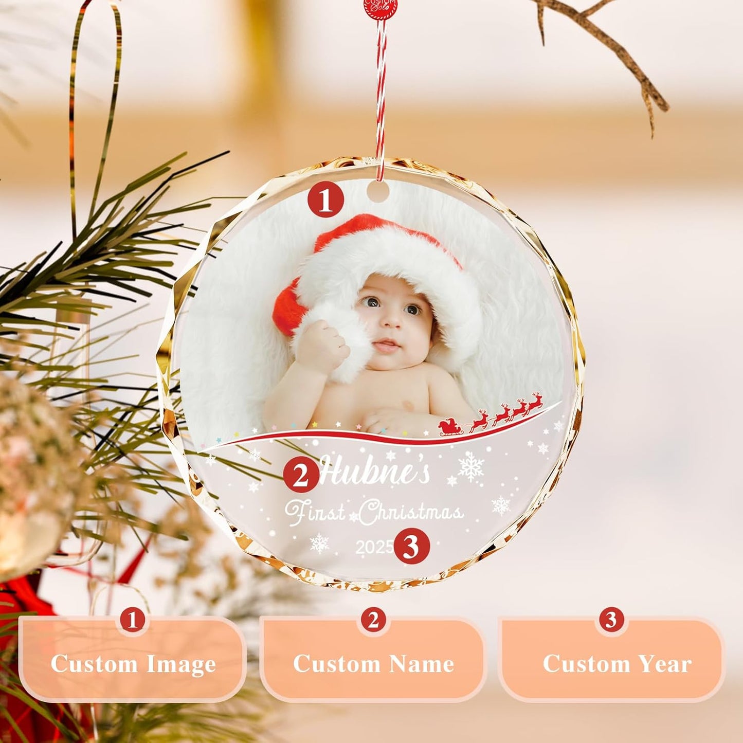 Bemaystar Baby First Christmas Ornaments 2025–Personalized Crystal Ornaments with Photo and Name–Custom Newborn Keepsake Gift–Christmas Tree Decoration for Baby Girl Boy