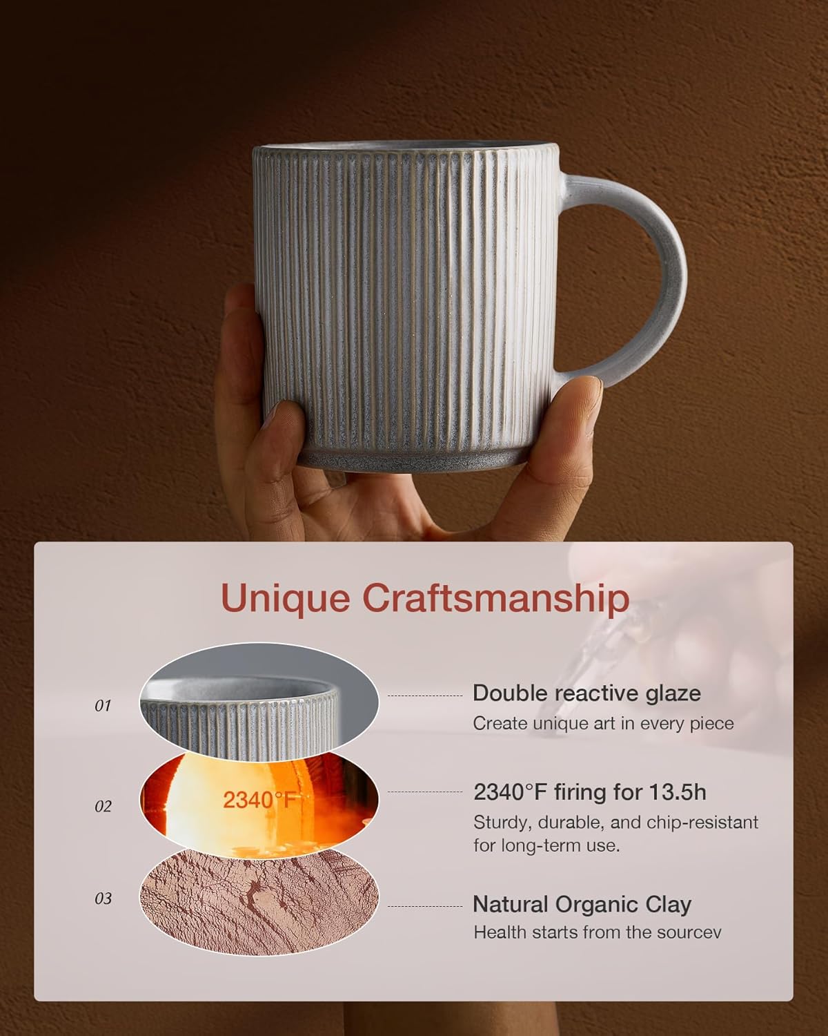 famiware Coffee Mug Set for 6, Star 12 oz Catering Mugs Cup Set with Handle for Coffee, Tea, Cocoa, Milk - Ceramic Stoneware Drinkware Set, Matte Grey