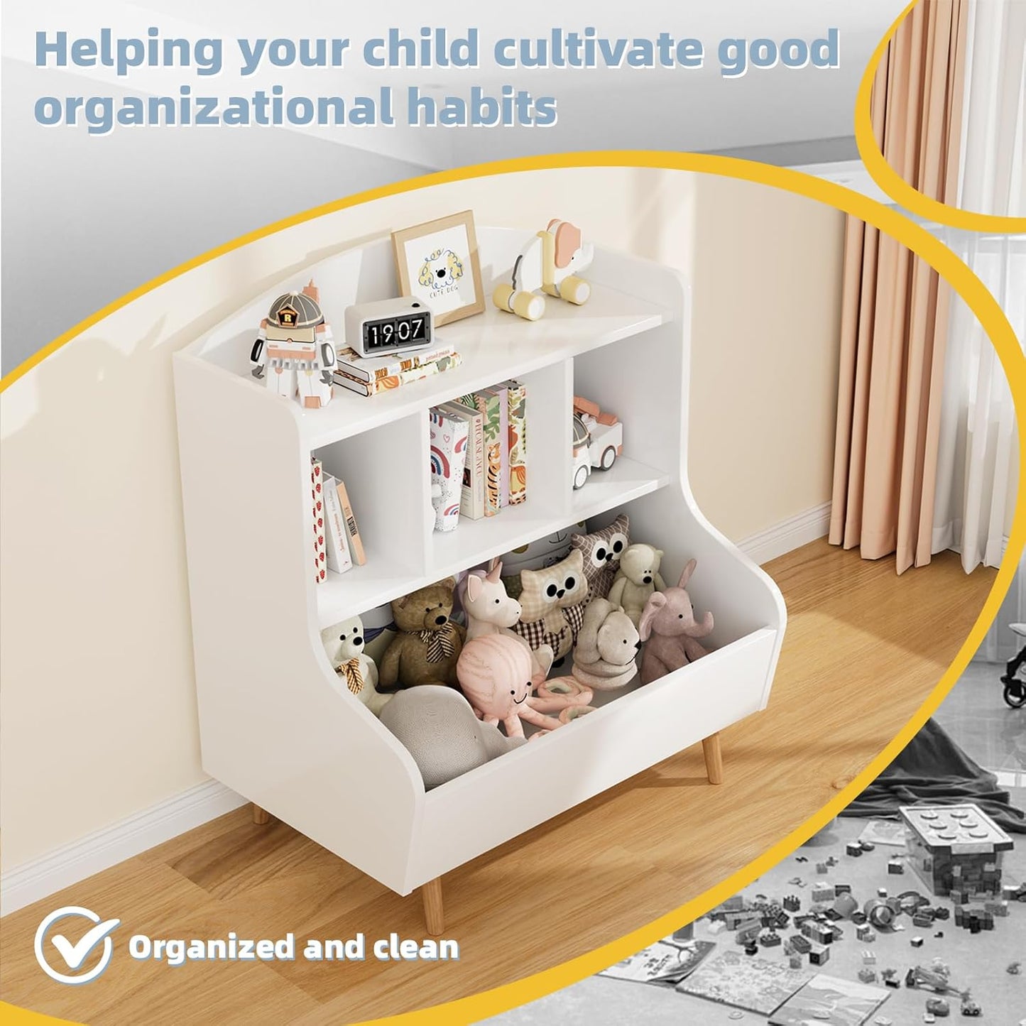 Toy Storage Organizer, 3 Tier Floor Standing Toddler Bookshelf with Legs, 5 Cube Kids Bookshelf and Toy Storage, Book Shelf for Kids Room, Living Room, Nursery, White