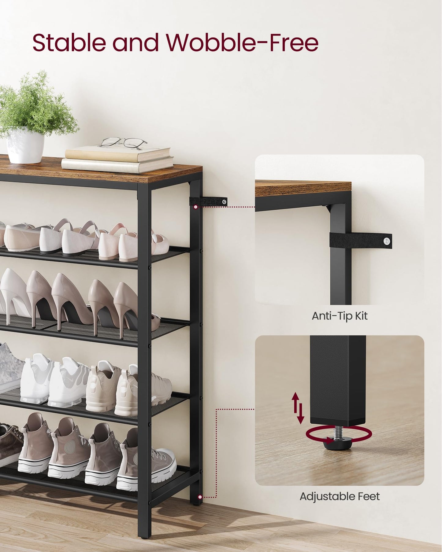 VASAGLE Shoe Rack, 5-Tier Shoe Storage Organizer with 4 Metal Mesh Shelves for 16-20 Pairs and