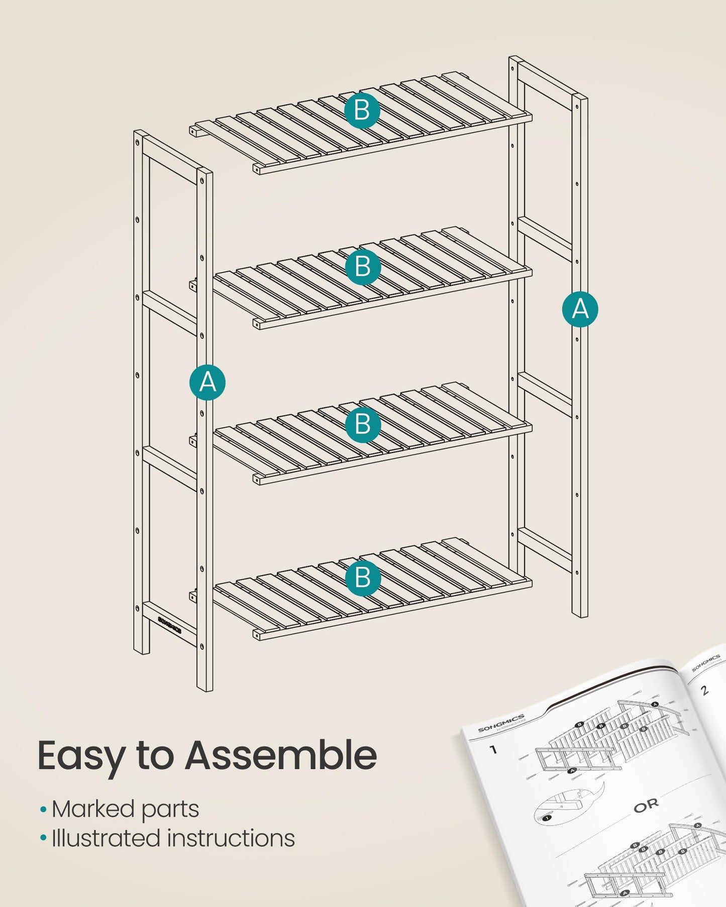 SONGMICS 4-Tier Bamboo Shelf, Freestanding Bathroom Storage Rack