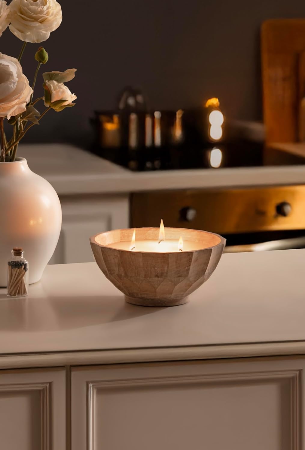 Kate and Laurel Plete Round Pleated Wood Candle Bowl, 8 Inch Diameter, Light Natural, Modern Scalloped Three-Wick Unscented Candle with Decorative Bowl for Living Room Decor