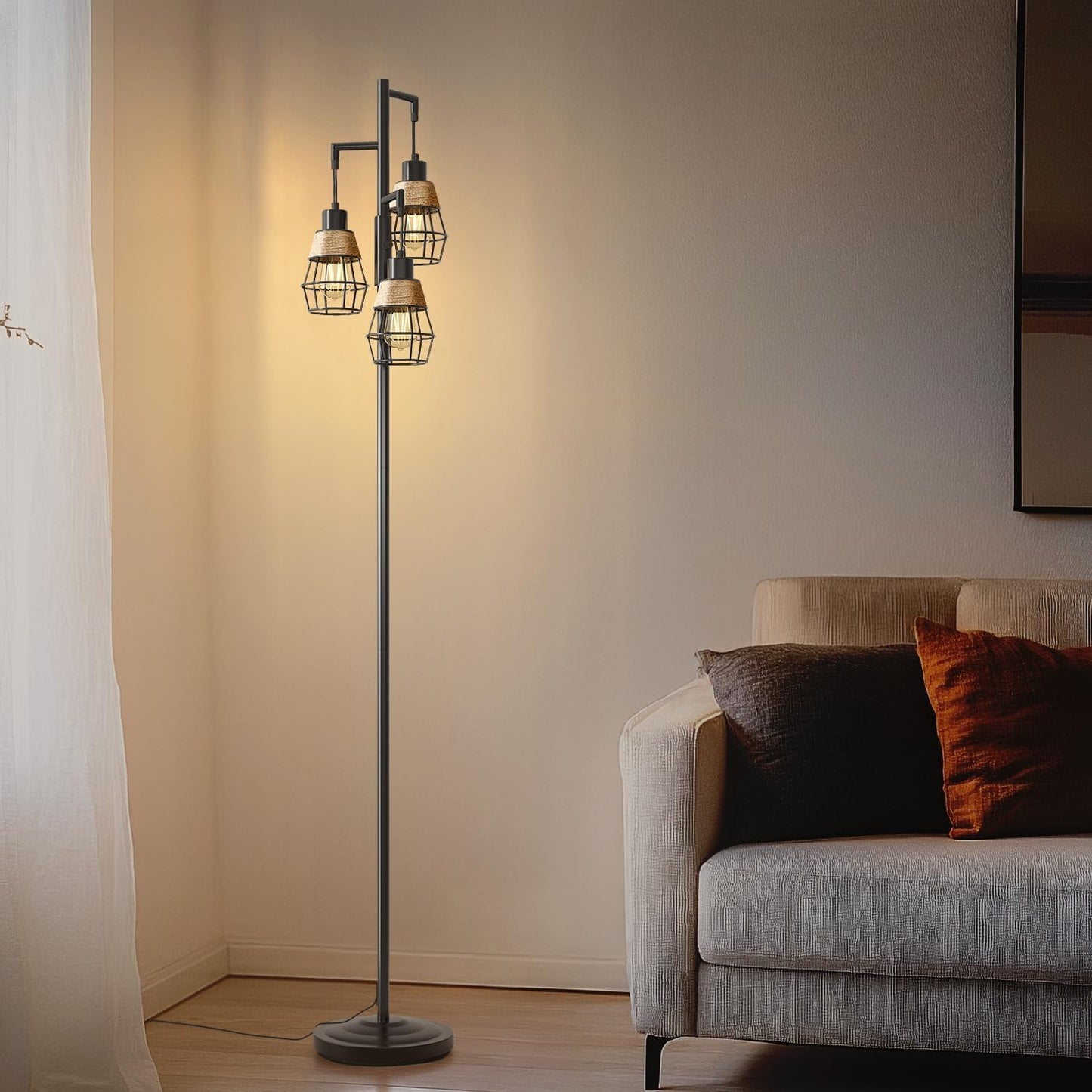 Oneach 68" Floor Lamps for Living Room, Stepless Dimmable Boho Floor Lamp with 3 Bulbs, Tall Farmhouse Industrial Corner Standing Tree Lamp for Bedroom, Office, Study Room, Dining Room, Black