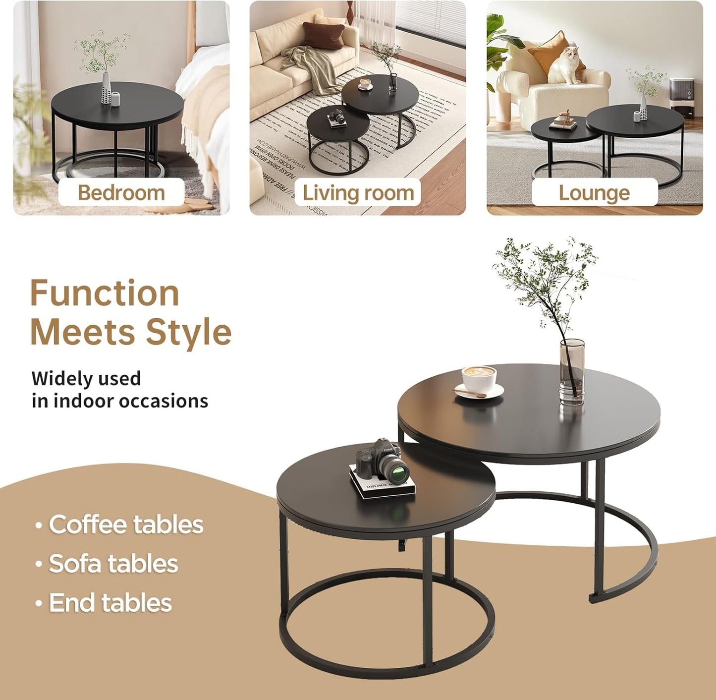 Coffee Tables for Living Room, Black Modern Decorative Coffee Center Table Set of 2, Sintered Stone Top & Sturdy Metal Base,for Living Room, Bedroom, Apartment