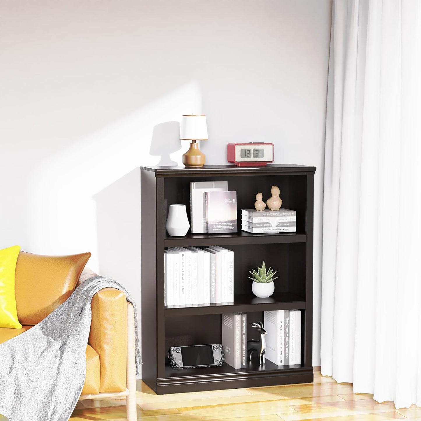 43 in Tall Bookcase, 3-Tier Bookshelf Open Storage, 33 inch Wide Floor Standing Indoor Furniture, Book Cases for Home School Library Office Bedroom Kids, Dark Cherry 3 Tiers