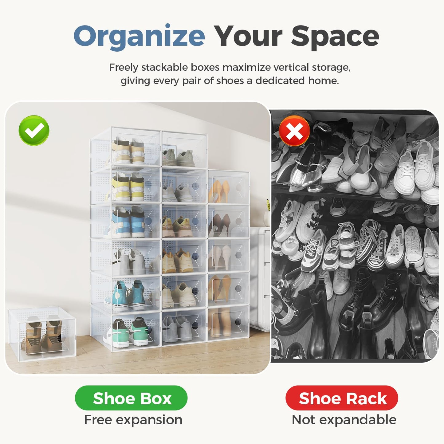 DUMOS Shoe Storage Boxes, 12-Pack Stackable Clear Shoe Containers with Lids, Display Sneaker Case