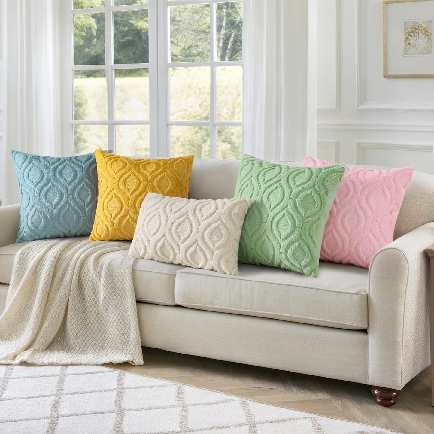 decorUhome Throw Pillow Covers 18x18 Inch Set of 2, Soft Plush Decorative Faux Fur Mustard Yellow Solid Couch Pillow Covers, Accent Farmhouse Neutral Square Euro Pillow Cases for Sofa Bed Living Room