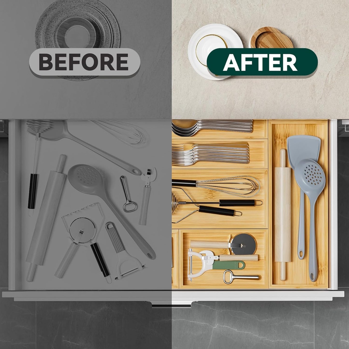 Bamboo Drawer Organizer, Narrow Stackable Cutlery Tray for Kitchen, 2 Pcs Silverware & Utensil Box, 12" x 3" x 2" (Outer), 11.3" x 2.3" x 1.77" (Inner)