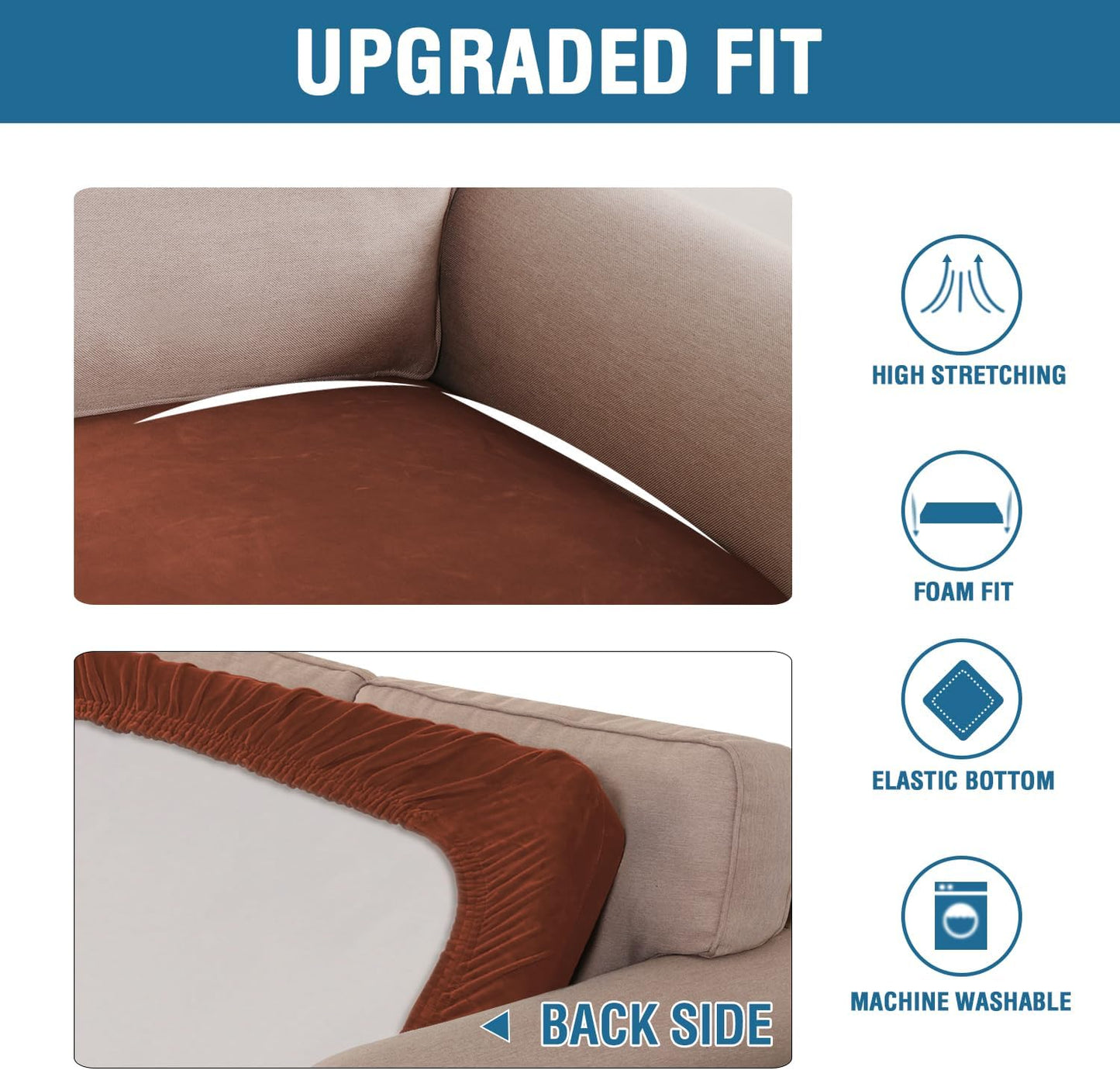 H.VERSAILTEX Velvet Stretch Individual Couch Cushion Cover Plush Slipcover for Loveseat Sofa Furniture Protector Seat Cover (1 Piece Loveseat Cushion Cover, Rust)