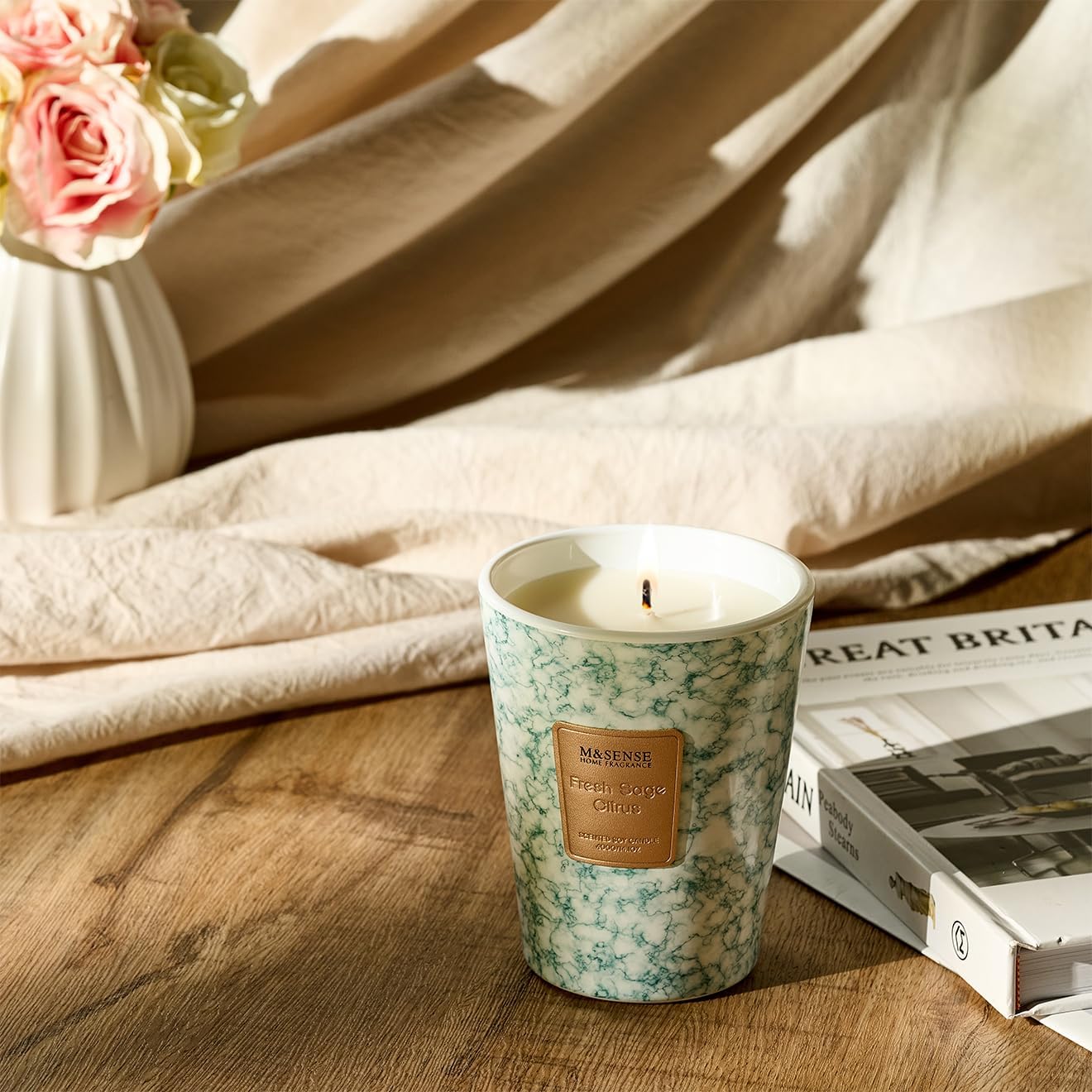 M&SENSE FreshSage Citrus Scented Candles for Home, Lead-Free Wick Highly Scented Jar Candles, 14.1 Oz 80 Hours Lasting Burning Candles Gifts for Women, Relaxing Aromatherapy Candle for Stress Relief