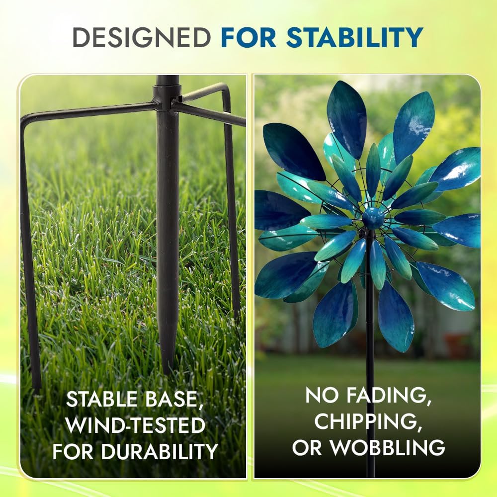 Large Wind Spinners - Decorative Garden Whirligigs - Durable Metal Flower Art - Ideal for Yard Decor and Gifts - Outdoor Accessories - Designed for Patios & Landscapes Blue 24"W x 84"H