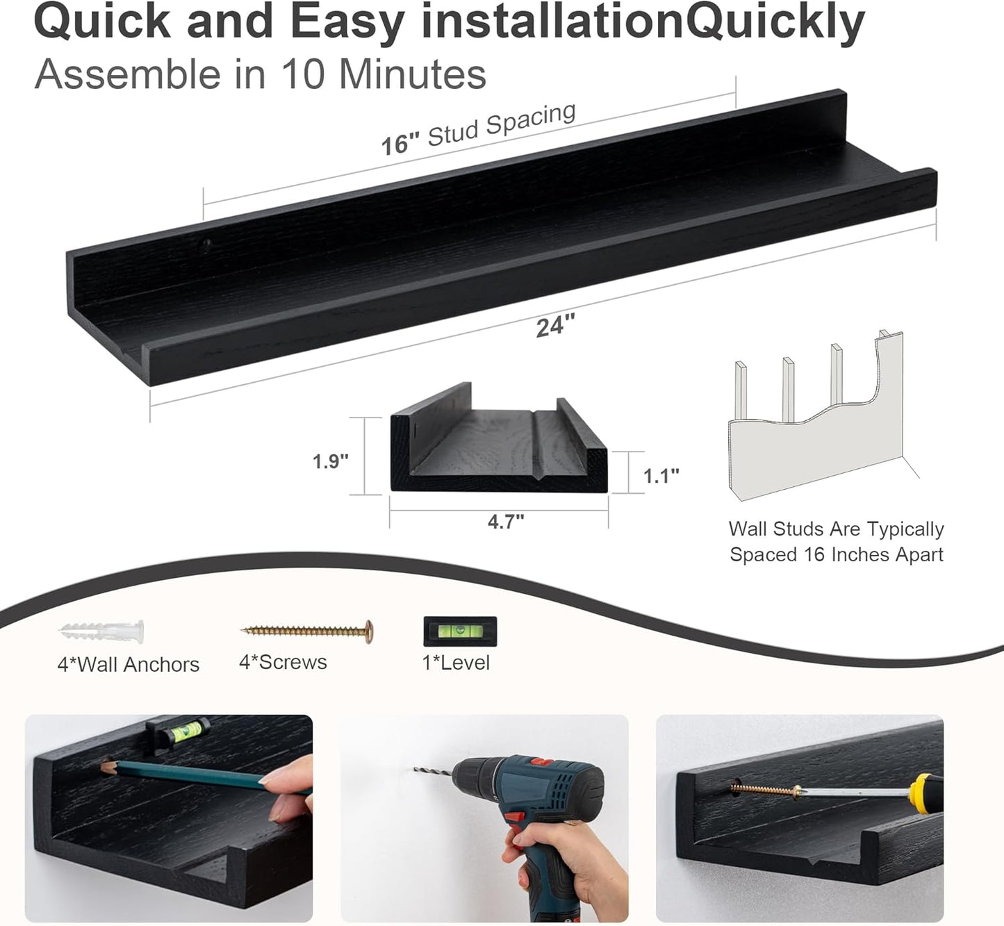 Floating Picture Ledge Shelves 24 Inch Solid Oak Wood Set of 2, Rustic Wall Storage Shelves with Lip, Kids Bookshelf, Photo & Picture Ledge Shelves for Bedroom, Living Room, Kitchen