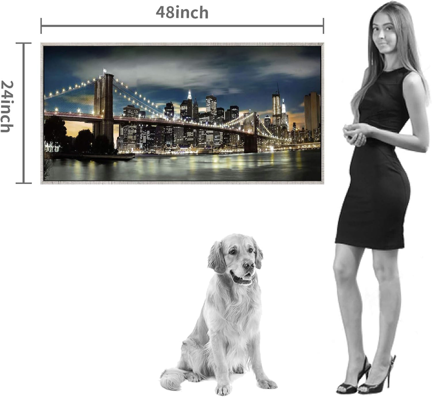 Framed Brooklyn Bridge Wall Art: Large Size New York Cityscape Skylines Night Scene Modern Picture Artwork for Home Office Decoration (48” X 24”)