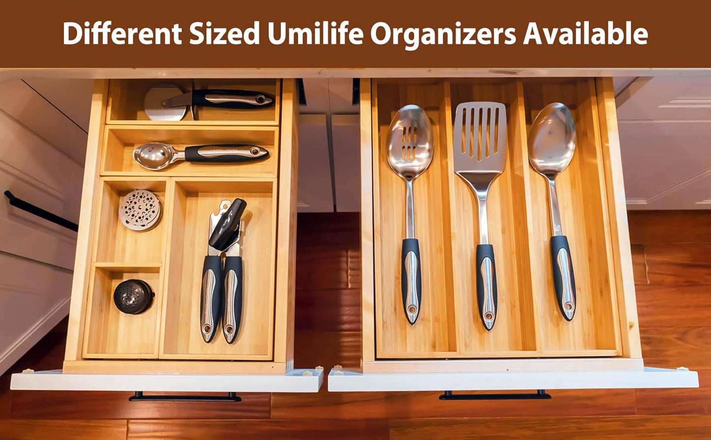 Umilife Expandable Kitchen Drawer Organizer, 2.5" High Bamboo Utensils Silverware Tray, Adjustable Large Deep Wood Organization Holder