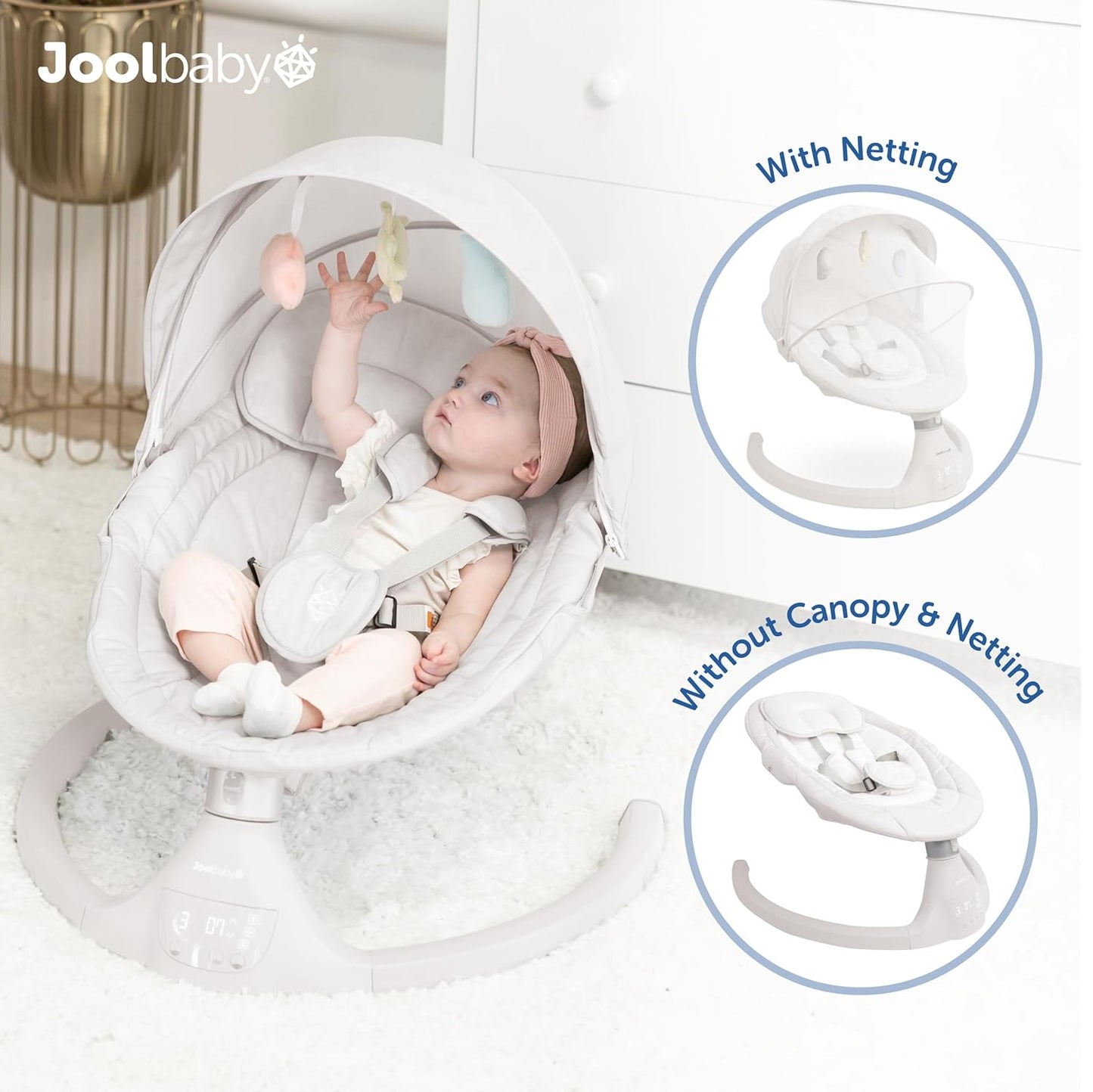 Jool Baby Nova Swing for Newborns - Electric Motorized Infant Swing, Bluetooth Music, 10 Preset Melodies, Remote (2025 Model) (Stone)