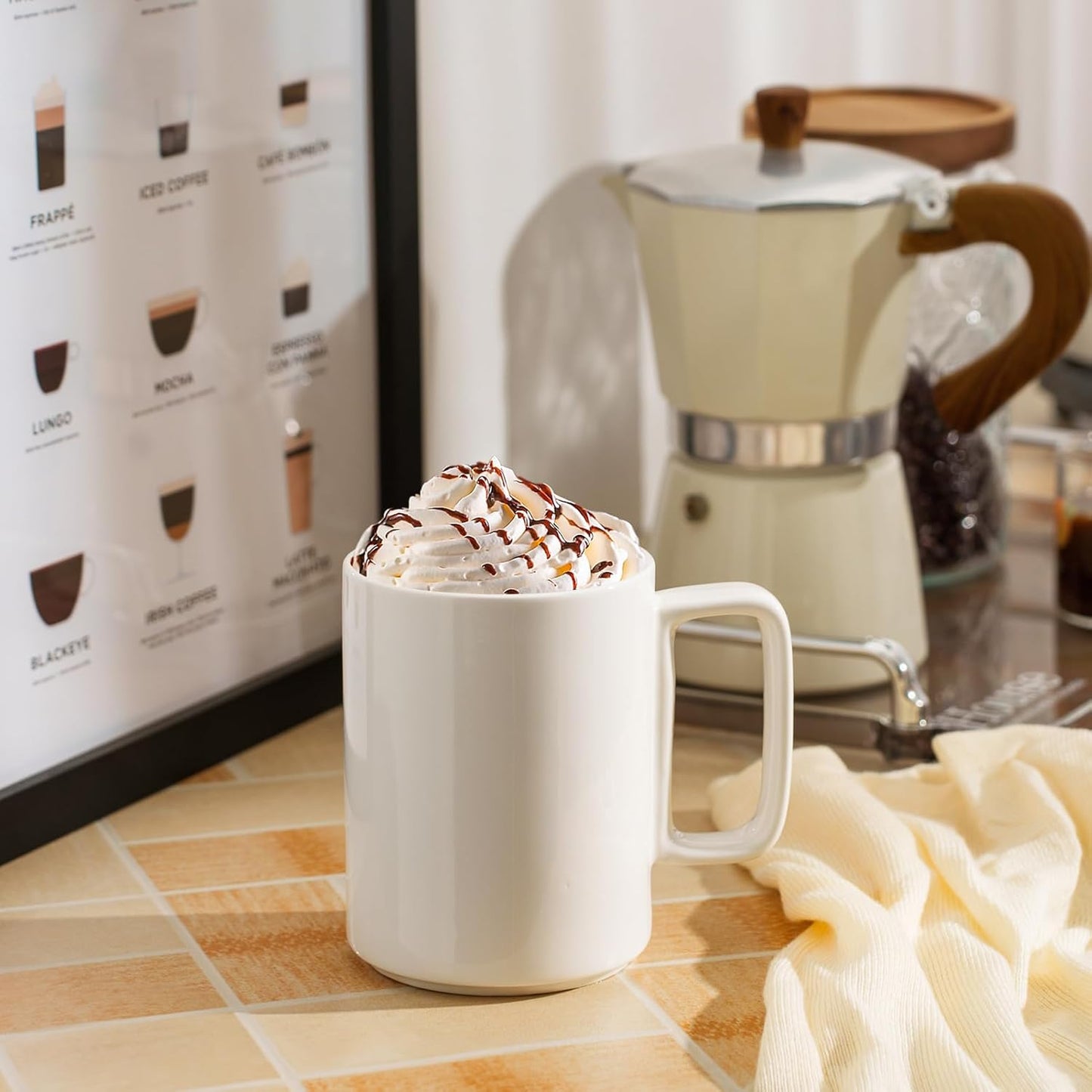 E-liu Porcelain Tea Mugs Coffee Mug Set, Large 15 Ounces Cups for Coffee, Tea, Cocoa, and Mulled Drinks, Set of 6, White