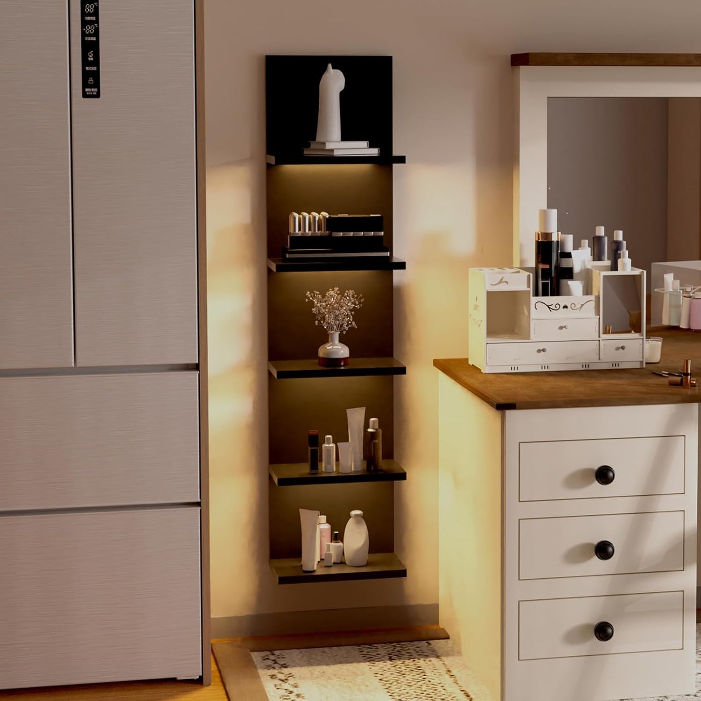 5 Tier Wall Shelf Unit, Black Modern Vertical Lack Wall Shelves with Light, Wall Mount, Floating Column Home Decor Shelves for Bedroom, Living Room, Vanity Storage Display