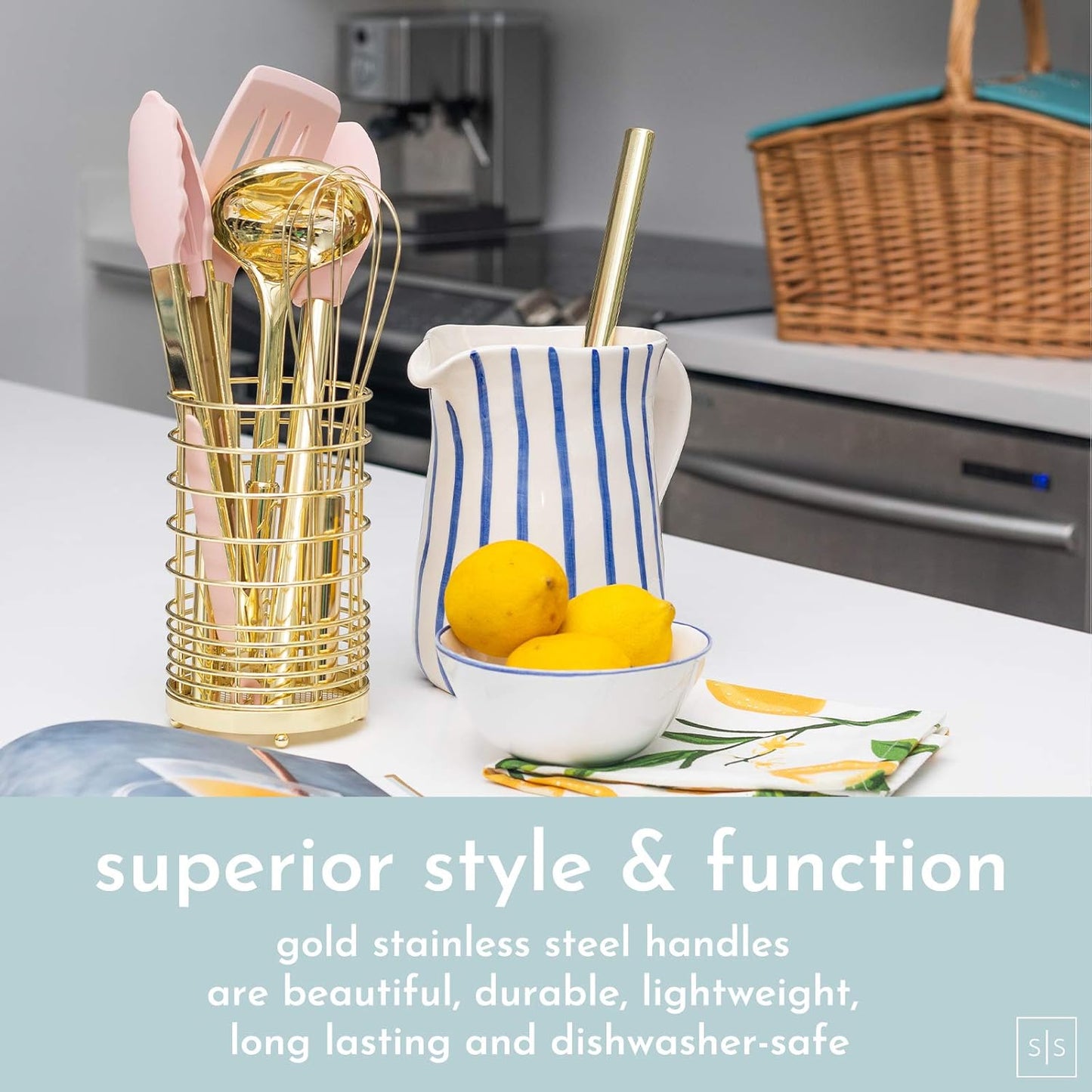 Gold and Pink Kitchen Utensil Set with Holder - 7-Piece Cooking Tools with Gold Whisk, Ladle, Tongs, Turner, Spatula, and Spoon - Stylish Pink Kitchen Accessories for Modern Cooking & Serving