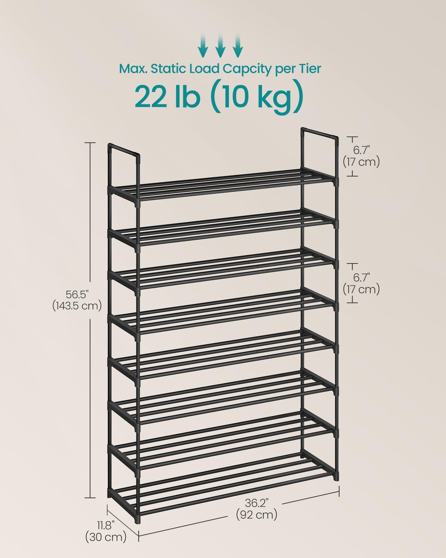 SONGMICS Shoe Rack, 8-Tier Shoe Organizer, Metal Storage Shelf, Upright or Upside Down, for 32-40