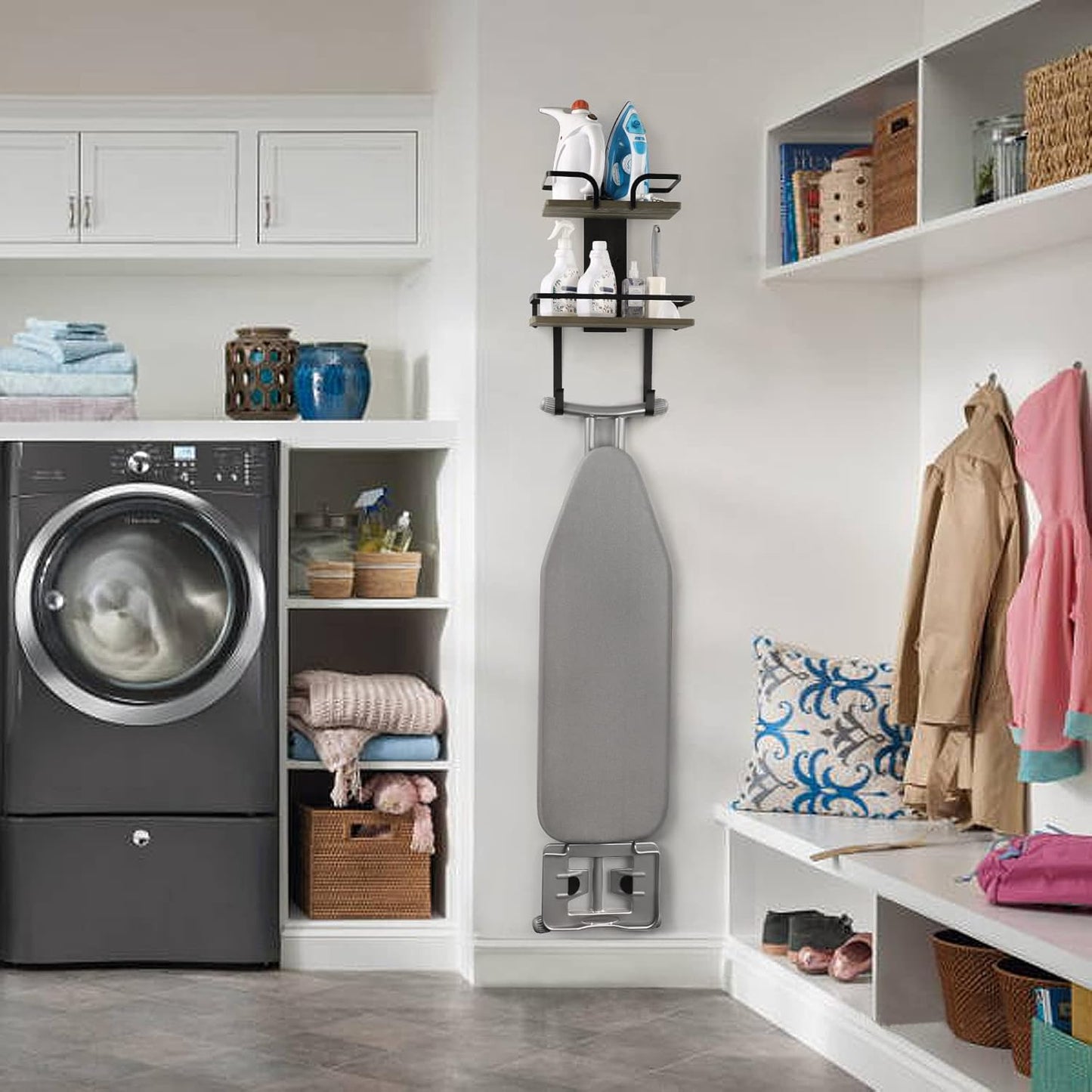 VINAEMO Ironing Board Hanger Wall Mount, 2-Layer Iron and Ironing Board Holder, Laundry Room Shelves Solid Wood with Removable Hooks Home Organization and Storage