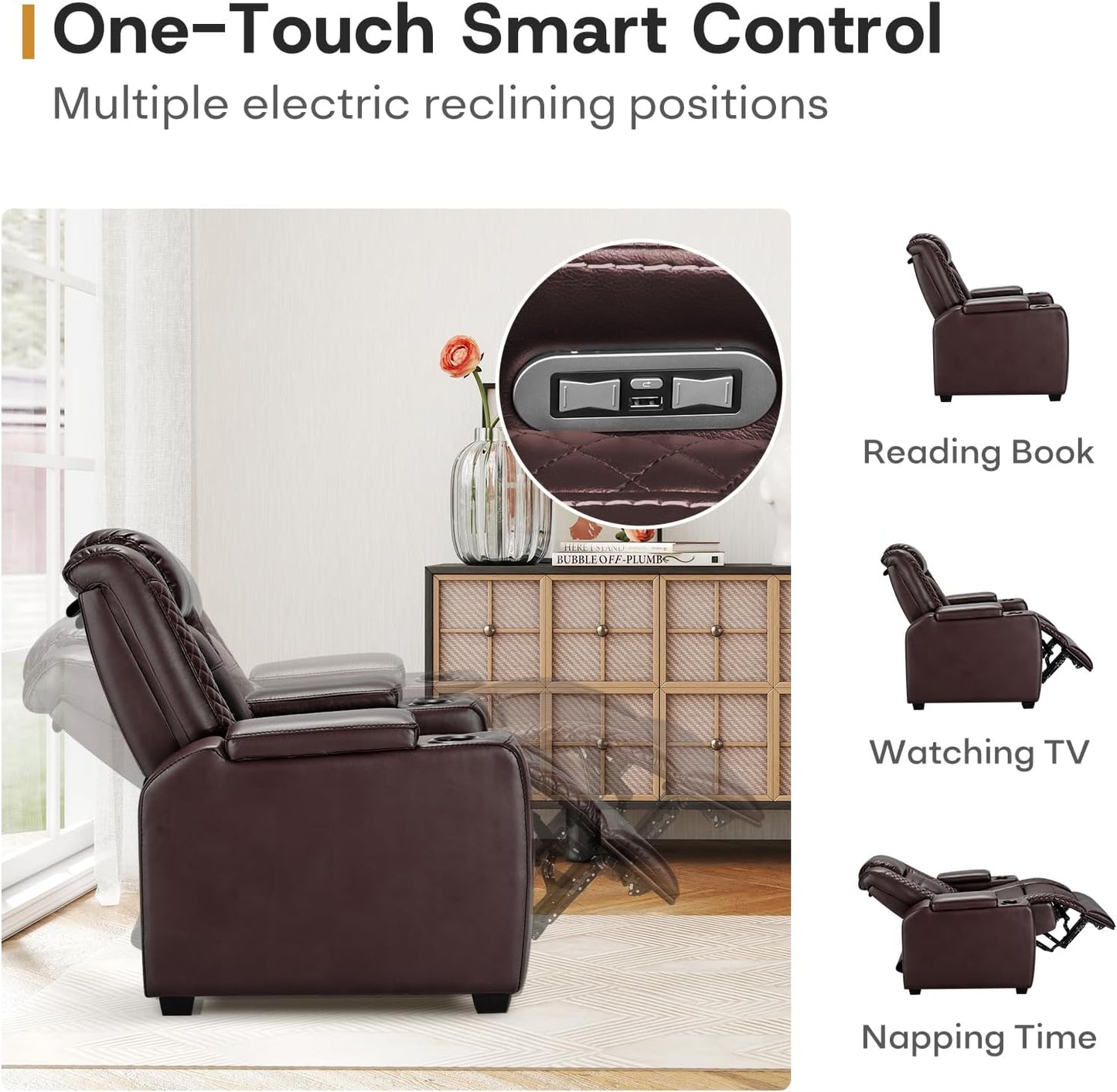 ANJ Power Home Theater Seating, PU Leather Electric Recliner Chair with Powered Headrest, Dual Motors Movie Reclining Chairs with LED Lights,USB Port, Cup Holders, Hidden Arm Storage (Brown)