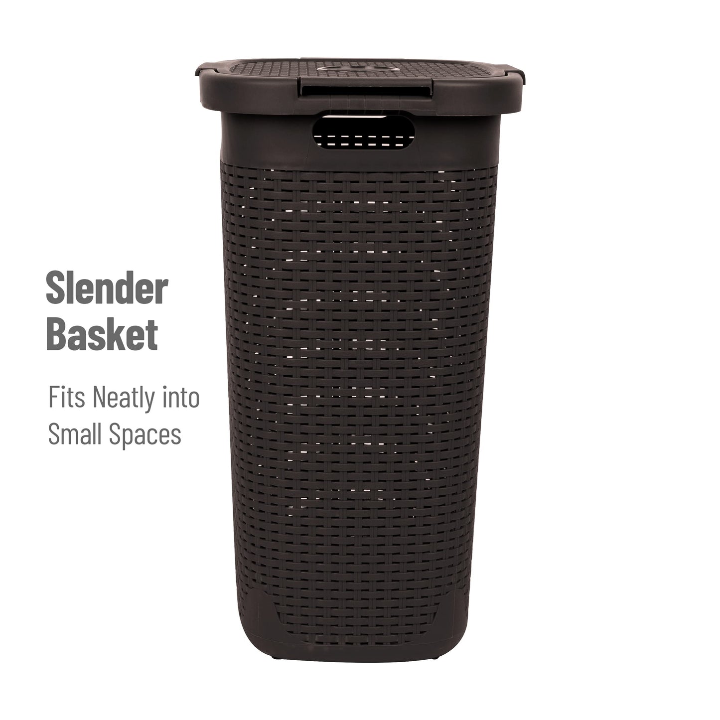 Mind Reader Slim Laundry Hamper with Lid, 60L Tall Clothes Basket, Narrow Tapered Design for