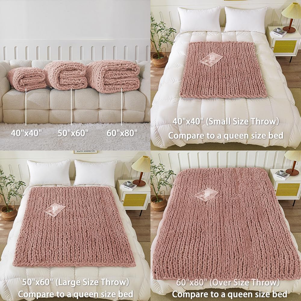 WESHIONGOO Chunky Knit Blanket Throw 50"×60" Knitted Throw Blankets for Couch Bed Fluffy Soft Blanket with Jumbo Chenille Yarn Thick 100% Handmade (Pink)