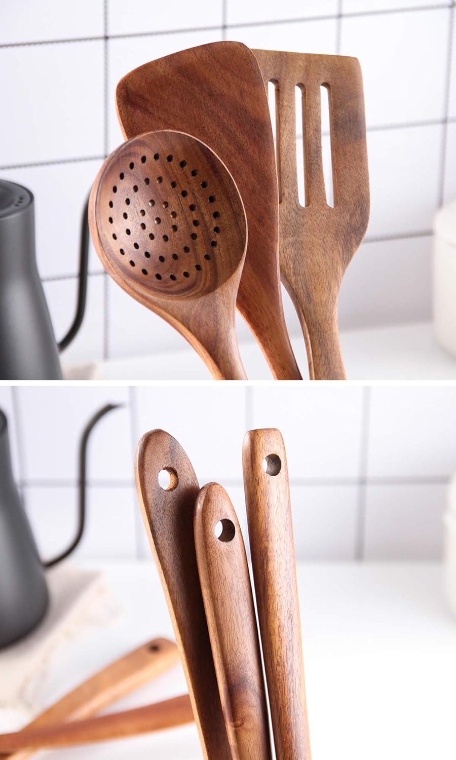 Wooden Spoons for Cooking, Cooking Utensils Set of 6 Natural Teak Wooden Cooking Spatulas with Utensils Holder Comfort Grip Wooden Kitchen Utensils for Nonstick Cookware