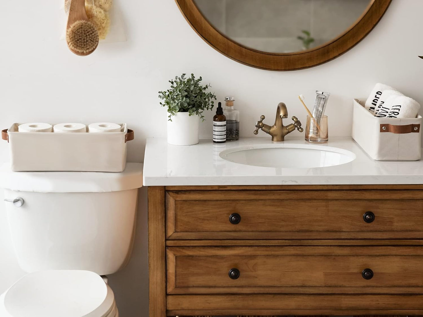 StorageWorks Narrow Storage Bins, Small Basket for Closet and Shelves, Fabric Organizer with Handles, Toilet Paper Storage, Beige, 2-Pack