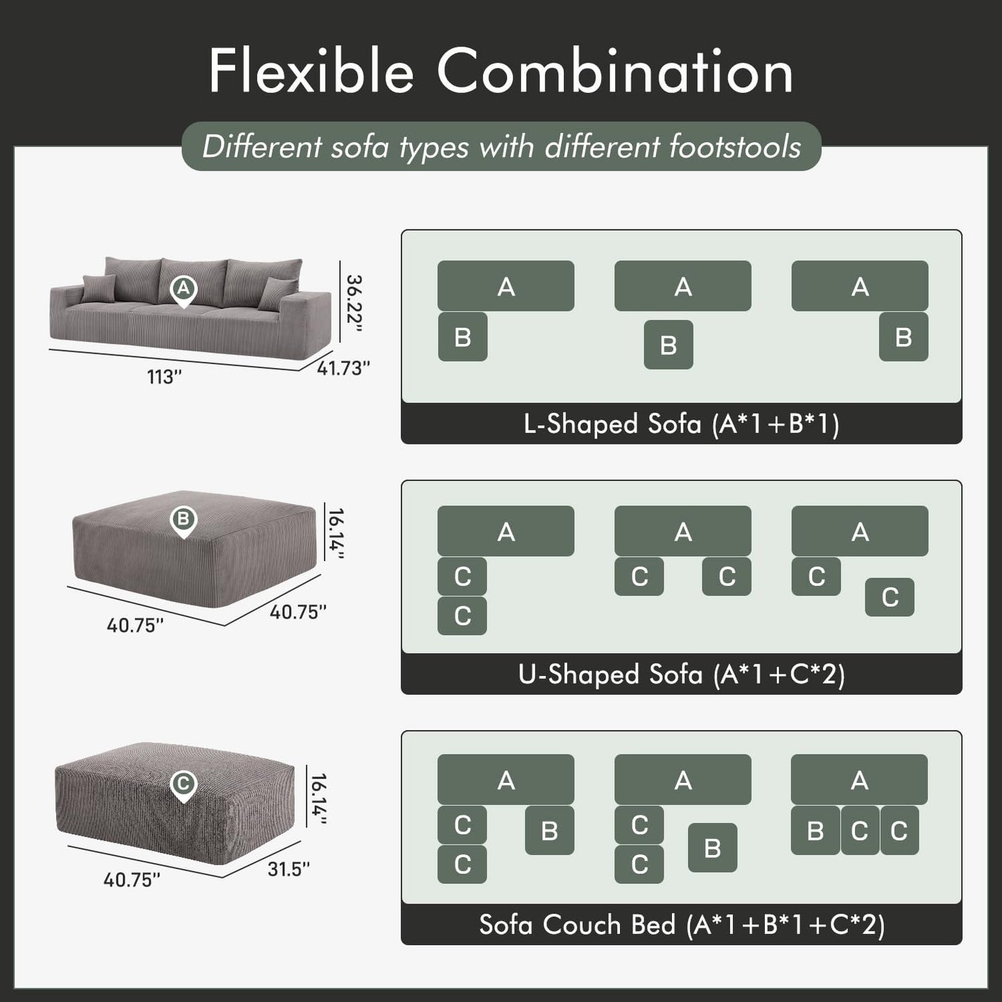 Boneless Sectional Cloud Couch Sofa Bed for Living Room, 112" Modular Modern Lounge 3 Seater Sleeper Grey Couches with Chaise, No Assemble, Cordury Compression Upholstered Sofas