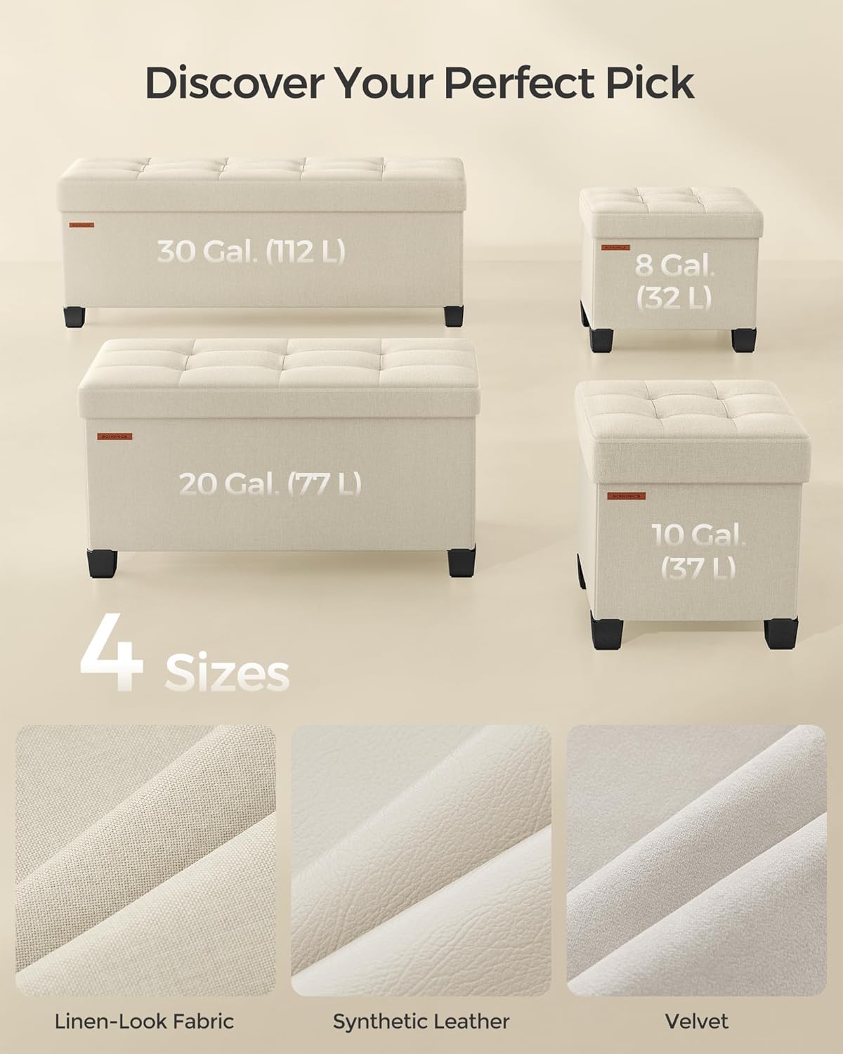 SONGMICS Storage Ottoman, Small Ottoman Foot Rest with Legs, 12.6 x 15.8 x 13.2 Inches Foot Stool, Load up to 660 lb, for Living Room, Bedroom, Dorm, Cream White ULSF012W01