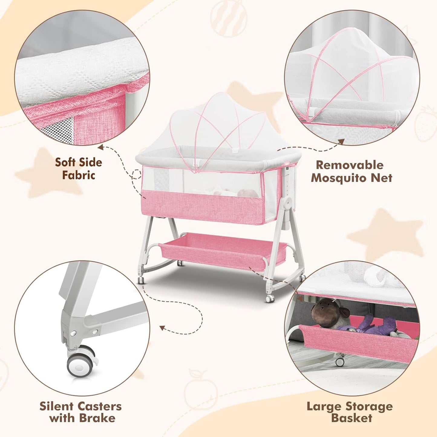 Baby Bassinet Bedside Sleeper for Baby,Bedside Bassinet with Wheels and Storage Basket, 6 Height Adjustable Bedside Crib(Upgrade Pink)